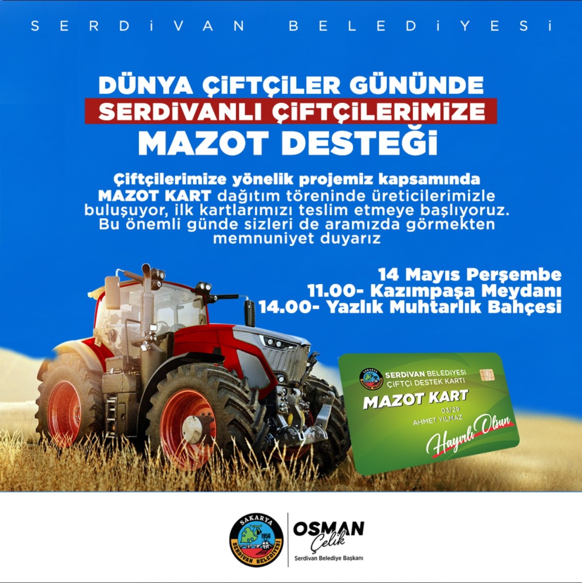 Serdivan'da Çiftçiye Mazot Kart Dağıtımı Başlıyor